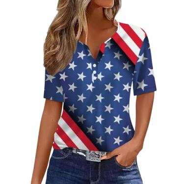 Imagem de Camisetas femininas 4th of July Patriotic American Flag Stars Stripes Shirt Graphic Vintage Blusa Button Summer Tunics, Azul marino, G
