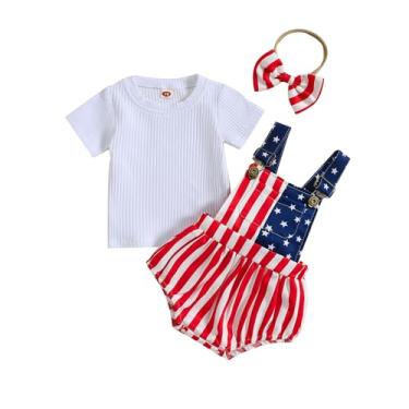 Imagem de Camiseta de manga curta canelada para bebês recém-nascidas, 4 de julho, + faixa de cabeça com suspensório e bandeira dos EUA, Branco - vermelho e azul, 6-12 Meses