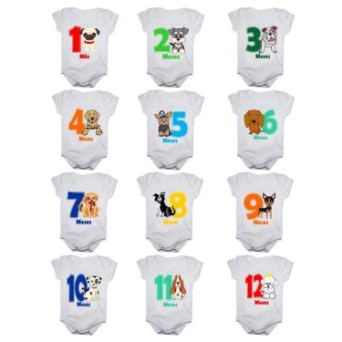 Imagem de Kit 12 Body Bebê Mesversario Manga Curta Estampa Cachorrinhos 1 A 12 Meses-Unissex