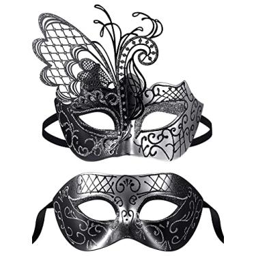 Imagem de Civaner 2 peças máscara de baile de máscaras para casais metal strass festa veneziana Halloween borboleta máscara facial feminina masculina, Preto, prata, approx. 6.89 x 6.69 x 3.15 inches