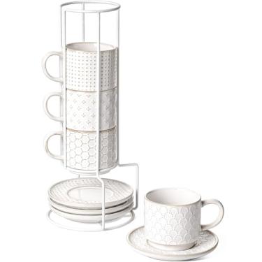 Imagem de LE TAUCI Copos empilháveis de cappuccino de 227 g com pires e suporte, copo grande de cerâmica com latte para Au Lait, café, mocha, chá, lava-louças - conjunto de 4, branco ártico