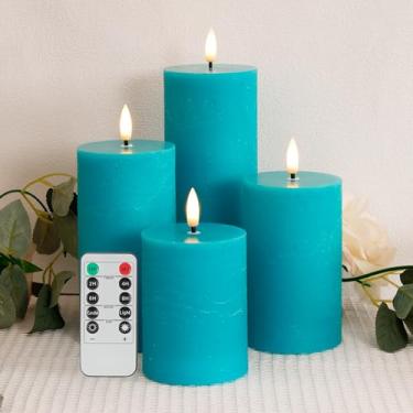 Imagem de AFINETH Velas cintilantes sem chamas azul-petróleo, velas operadas por bateria de cera real com controle remoto, velas de pilar sem chama de LED de topo plano para casa, casamento, decoração de festa,