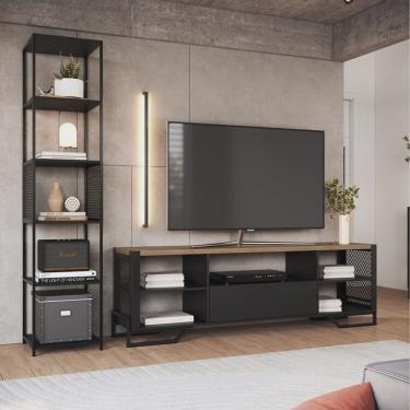 Imagem de Sala de Estar Completa com 2 Itens Rack Tv 60 Polegadas Telado e Estante Alta Telada Preto