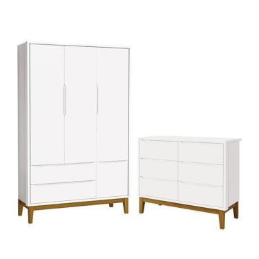 Imagem de Jogo de Quarto Infantil Classic Guarda Roupa 3 Portas e Cômoda 6 Gavetas com Pés Amadeirado - Reller Móveis Branco Fosco