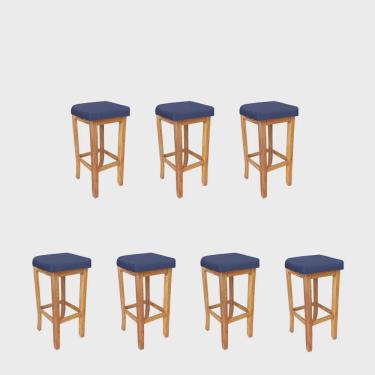 Imagem de Kit 07 Banqueta Alta Ben Gourmet Balcão Bistrô Cozinha Base Madeira Maciça Sintético Azul Marinho - Ahz Móveis