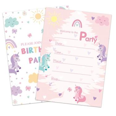 Imagem de qinghemengxia Convites de aniversário para aniversário - Unicórnio fofo - 20 peças de cartões de convite de preenchimento dupla face e envelopes para meninos, meninas, crianças, lembrancinhas de festa