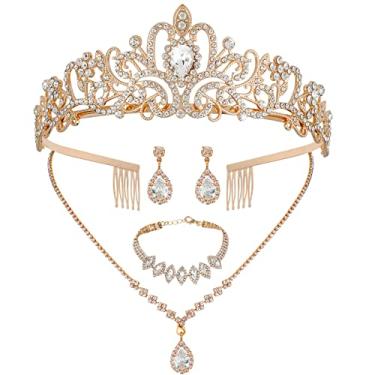 Imagem de CIEHER Conjunto de joias femininas de 4/5 peças – coroa de strass + colar de gota + pulseira elegante + brincos de gota de cristal para festa de casamento
