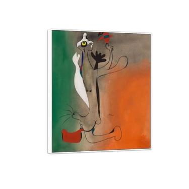 Imagem de Joan Miró Imagem de arte de parede em tela - reprodução de impressões de arte famosas abstratas - pinturas com moldura branca para decoração de sala de estar (homem e pássaro) 60 x 70 cm - 23 x 27 pol