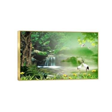 Imagem de Quadro de arte de parede Chinoiserie - Pintura de paisagem chinesa em tela - Forest River Crane-Pôster e impressões de moldura dourada 30x50cm12x20in