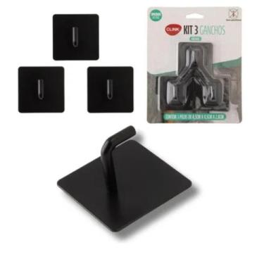 Imagem de Kit 3 Ganchos Adesivo Parede Quadrado Preto Multiuso - Clink