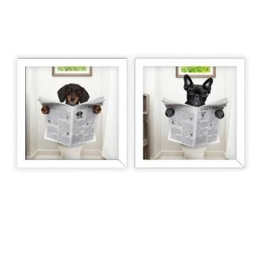 Imagem de Kit 2 Quadros Banheiro, Lavabo, Toalete, Doguinhos Com Vidro (Branco)