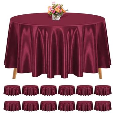 Imagem de REWOMC Pacote com 12 toalhas de mesa redondas de 272 cm, toalha de mesa de tecido de cetim bordô para mesas redondas, lavável e resistente a amassados, roupas de mesa de seda brilhante para festas de
