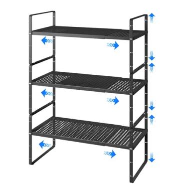 Imagem de KIKIBRO Organizadores expansíveis de prateleira de armário, organizador de rack pequeno de cozinha para copborad de bancada, preto, pacote com 3