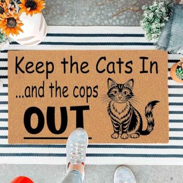 Imagem de Capacho engraçado porta da frente entrada externa tapete marrom presente mantém os gatos dentro e os policiais fora com suporte antiderrapante resistente durável tapetes de boas-vindas para varanda 75