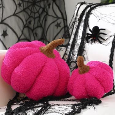 Imagem de Conjunto de 2 peças de almofadas rosa de abóbora de Halloween 17,8 cm/30 cm outono abóbora rosa choque fúcsia decoração de Halloween almofadas de lã macia para sofá, sofá, carro, quarto, outono, ação