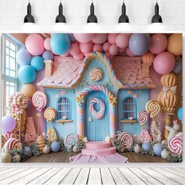 Imagem de Candyland Sweet Candy House Pano de fundo para foto – Fundo de festa de aniversário Donut Sweet One, faixa de festa de aniversário de família de princesa, 1,5 x 9,5 m