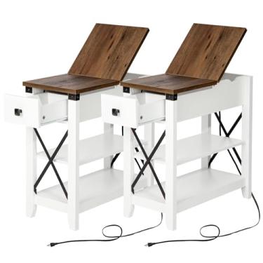 Imagem de Awescuti Mesa de canto estreita com estação de carregamento – Conjunto de 2 mesas laterais finas Farmhouse, com portas USB, mesa de cabeceira com gaveta de armazenamento dobrável, para pequenos