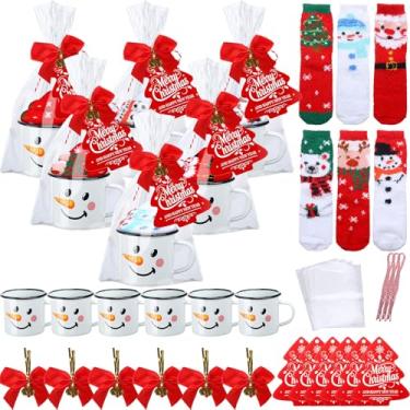 Imagem de Yungyan 6 conjuntos de meias felpudas, para presente de Natal, cupcakes, boneco de neve, caneca esmaltada, fofa, fofa, faça você mesmo, meias de Natal para presente de Natal, Natal, aniversário