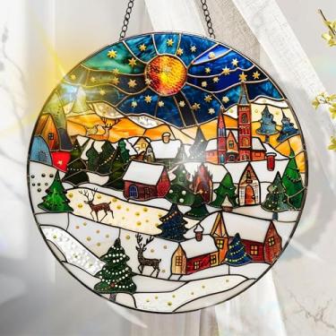 Imagem de Apanhador solar de acrílico colorido, decoração de janela suspensa com design de vitral impresso, apanhador de sol, arte de parede de arco-íris, ornamentos de Natal para uso interno e externo 19,8 x