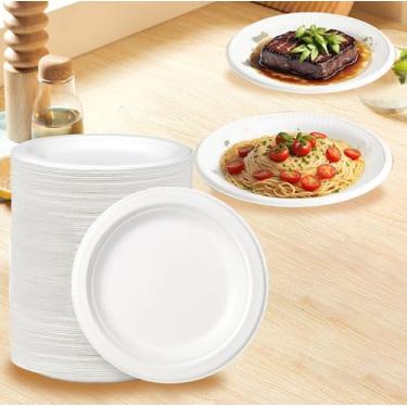 Imagem de Pacote com 50 pratos descartáveis compostáveis – Louça de cana de açúcar ecológica resistente para festas, eventos e feriados | Utensílios de mesa biodegradáveis sem BPA (15 cm)