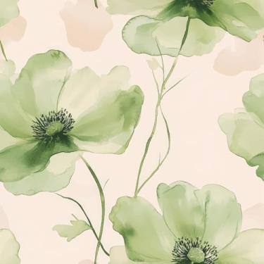 Imagem de VEELIKE Papel de parede floral verde vintage, papel de parede floral grande, papoula para quarto, sala de estar, 40 x 900 cm, mural de parede autoadesivo removível para banheiro e quarto de meninas