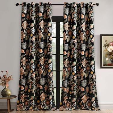 Imagem de XiDi Cortinas blecaute floral preto escuro 246 cm de comprimento para sala de estar e jantar, 2 painéis, cortinas decorativas, isoladas térmicas, luxuosas, vintage, flores, botânicas, ilhós, drapeadas