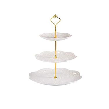 Imagem de Suporte de bolo para casamento, prato de frutas, cerâmica, cupcake, 3 camadas, padrão de relevo para bolos, sobremesas, doces, frutas, buffet, para casamento, festa de aniversário, festa em casa F