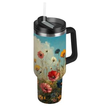 Imagem de KEEPREAL Copo de pintura a óleo de flores silvestres de 1,134 g com alça, garrafa de água esportiva isolada com tampa e canudo, caneca de café de viagem de aço inoxidável térmico # 554