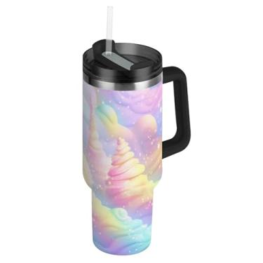 Imagem de Blueangle Copo de sorvete arco-íris de 1,134 g com alça e tampa de palha, caneca de viagem de aço inoxidável isolada a vácuo de parede dupla, garrafa de água reutilizável para academia de escritório