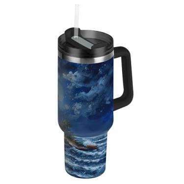Imagem de Blueangle Copo de pintura a óleo de farol de 1,134 g com alça e tampa de palha, caneca de viagem de aço inoxidável isolada a vácuo de parede dupla, garrafa de água reutilizável para academia de