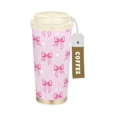 Imagem de SEHANY Linda caneca de viagem rosa com laço de bolinhas 482 g Copos de café reutilizáveis revestidos de cerâmica com tampa à prova de vazamento, parede dupla, isolamento a vácuo, copo de café de aço