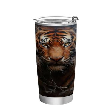 Imagem de Blueangle Copo de 590 ml com tampa e canudo, copo de café com água isolada a vácuo de aço inoxidável, caneca de viagem de tigre flamejante, copo térmico para bebidas quentes e frias(47)