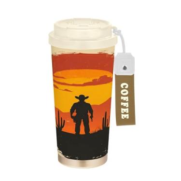 Imagem de SEHANY Caneca de viagem vintage caubói ocidental 482 g xícaras de café reutilizáveis revestidas de cerâmica com tampa à prova de vazamento, parede dupla, isolamento a vácuo, copo de café de aço