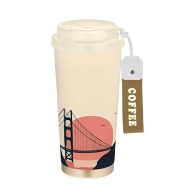 Imagem de SEHANY Caneca de viagem Bridges Sunset 482 g Copos de café reutilizáveis revestidos de cerâmica com tampa à prova de vazamento, parede dupla, isolamento a vácuo, copo de café de aço inoxidável para
