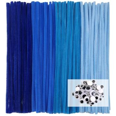 Imagem de TOAOB Conjunto de artigos de limpeza de cachimbo de 400 peças inclui hastes de chenille da série azul de 6 mm x 30 cm de espessura e olhos arregalados para fazer artesanato, decoração, flores, animais