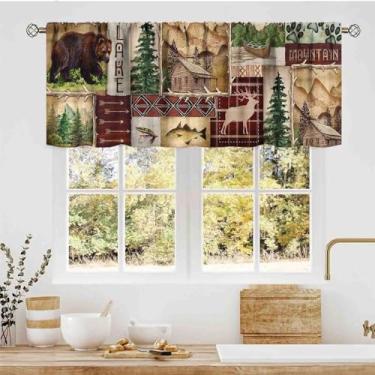 Imagem de TKUYO Cortinas de sanefa rústica, rústica, retrô, urso, cabana, animais selvagens, bolso para varão, janela pequena, para cozinha, café, armário, sala de estar, banheiro, 137 x 45 cm