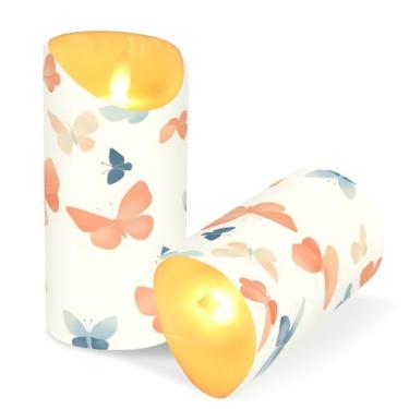 Imagem de ATTX Pacote com 2 velas pequenas borboletas pastel sem chama – Velas de pilar de LED de 7,6 cm x 15 cm com controle remoto e temporizador para casa, casamento, decoração de acampamento #132