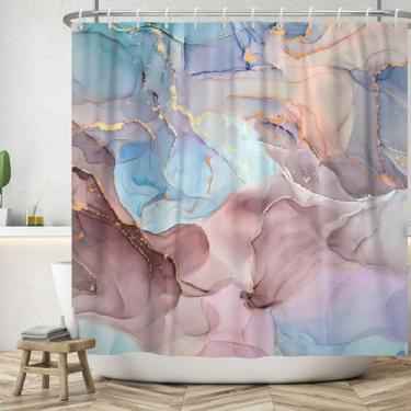 Imagem de DORCEV Cortina de chuveiro com textura de mármore colorida para banheiro cor gradiente mármore dourado em pó design de arte abstrata conjuntos de cortinas de areia movediça dourada decorações de