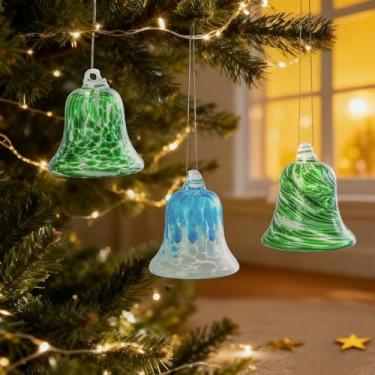 Imagem de 3 peças de enfeites de sino de vidro de Natal soprados à mão sem palmas, para árvores de Natal, grinaldas, guirlandas, decoração de casa e festa (verde)