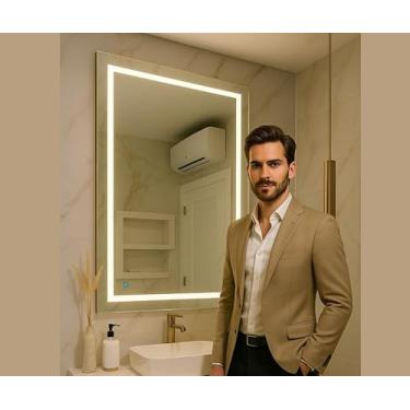 Imagem de Espelho 4MM Led 3 cores 50x90 cm retangular jateado frontal lapidado iluminado touch screen blogueira quarto sala banheiro 50x90cm