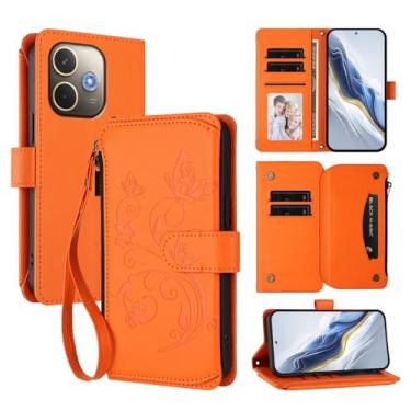 Imagem de Capa carteira para Oppo A5 Pro 4G/A5 Pro 5G com suporte para cartão, bolso com zíper e alça longa - capa fólio de couro com fecho magnético, suporte, capa feminina anti-impressão digital (laranja)
