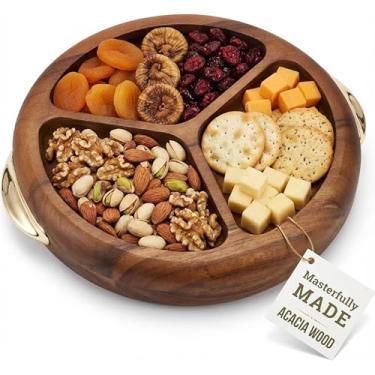 Imagem de Bandeja de servir multiuso – Bandeja decorativa redonda de madeira de acácia com alças douradas – Charcutaria, lanche, café da manhã, prato de café e chá para festas e decoração de casa