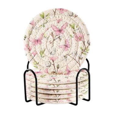 Imagem de Conjunto de 6 porta-copos com padrão de flores de borboleta rosa com suporte para porta-copos redondos absorventes para mesa de madeira, proteção de mesa, festa, decoração de Natal, aquecimento da