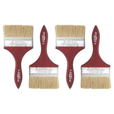 Imagem de HARFINGTON 4 pincéis de pintura de cerdas planas de 10 cm de espessura dupla com cabo de madeira para pintura de arte faça você mesmo, móveis, gabinete, cercas, deck, parede, porta, vermelho, vermelho