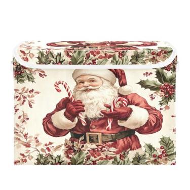 Imagem de SEHANY Linda caixa de armazenamento de Papai Noel de Natal com tampas e alças, organizador de cestas de armazenamento de tecido dobrável, caixas de armazenamento de cubos grandes para roupas, cobertor
