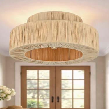 Imagem de Maxax Linda Luminária De Teto Embutida Em Rattan, Lustre Rústico De Teto Estilo Boho De 18", Luminária Moderna Para Berçário Com Abajur De Camada Dupla Para Quarto, Entrada, Corredor, Sala De Estar,
