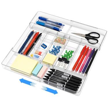 Imagem de Widousy Organizador de gaveta de acrílico, bandejas organizadoras expansíveis, organizadores de mesa e acessórios, compartimentos ajustáveis, acessórios de mesa para utensílios de maquiagem, lixo