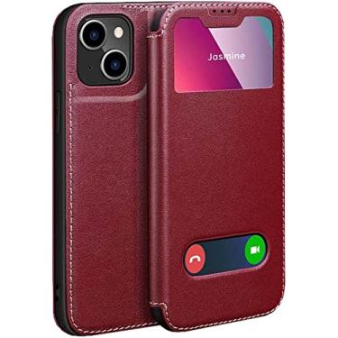 Imagem de ORKDFJ Capa de telefone de janela transparente de couro, para Apple iPhone 14 Plus capa de 6,7 polegadas 2022 Folio Kickstand Cover, pode atender chamadas rapidamente (Cor: Vermelho)