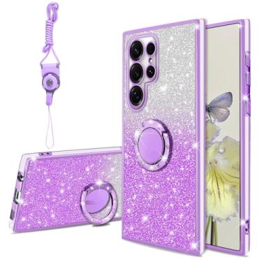 Imagem de Capa de telefone compatível com Samsung Galaxy S25-Ultra (2025) para meninas e mulheres linda brilhante TPU transparente capa protetora à prova de choque e suporte de anel e alça, roxo claro