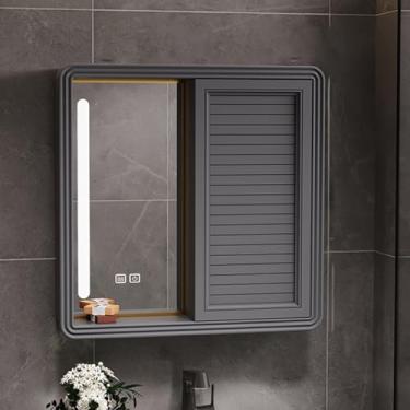 Imagem de Armário de remédios de LED inteligente com luzes – Armazenamento de banheiro de alumínio montado na parede com antiembaçamento, interruptor de toque moderno, porta deslizante, prateleira aberta e